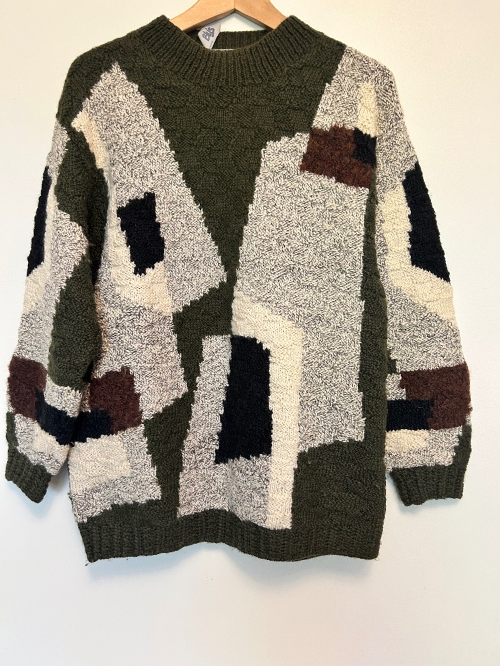 Vtg 90s Tijuca Laura Pearson Patchwork Geometric Knit Thick Block Sweater L